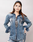 American Darling Leather Hand Tooled Carved Women Denim Shirt Jacket