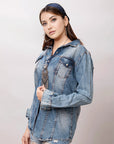 American Darling Leather Hand Tooled Carved Women Denim Shirt Jacket