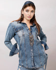 American Darling Leather Hand Tooled Carved Women Denim Shirt Jacket