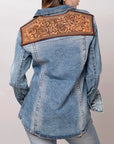 American Darling Leather Hand Tooled Carved Women Denim Shirt Jacket