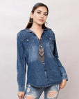 American Darling Leather Hand Tooled Carved Women Denim Shirt Jacket