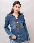 American Darling Leather Hand Tooled Carved Women Denim Shirt Jacket