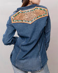American Darling Leather Hand Tooled Carved Women Denim Shirt Jacket