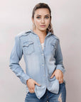 American Darling Leather Hand Tooled Carved Women Denim Shirt Jacket