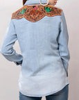 American Darling Leather Hand Tooled Carved Women Denim Shirt Jacket