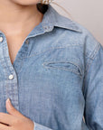 American Darling Leather Hand Tooled Carved Women Denim Shirt Jacket