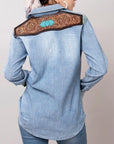 American Darling Leather Hand Tooled Carved Women Denim Shirt Jacket