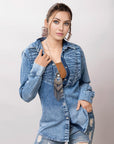 American Darling Leather Hand Tooled Carved Women Denim Shirt Jacket