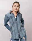 American Darling Leather Hand Tooled Carved Women Denim Shirt Jacket