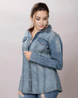 American Darling Leather Hand Tooled Carved Women Denim Shirt Jacket