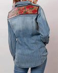American Darling Leather Hand Tooled Carved Women Denim Shirt Jacket