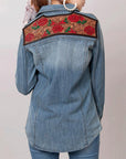 American Darling Leather Hand Tooled Carved Women Denim Shirt Jacket