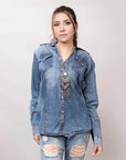 American Darling Leather Hand Tooled Carved Women Denim Shirt Jacket