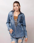 American Darling Leather Hand Tooled Carved Women Denim Shirt Jacket
