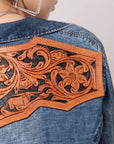 American Darling Leather Hand Tooled Carved Women Denim Shirt Jacket