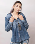 American Darling Leather Hand Tooled Carved Women Denim Shirt Jacket