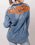 American Darling Leather Hand Tooled Carved Women Denim Shirt Jacket