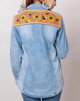 American Darling Leather Hand Tooled Carved Women Denim Shirt Jacket