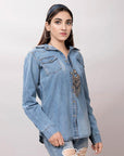 American Darling Leather Hand Tooled Carved Women Denim Shirt Jacket