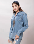 American Darling Leather Hand Tooled Carved Women Denim Shirt Jacket