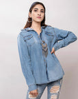 American Darling Leather Hand Tooled Carved Women Denim Shirt Jacket