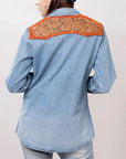 American Darling Leather Hand Tooled Carved Women Denim Shirt Jacket
