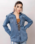 American Darling Leather Hand Tooled Carved Women Denim Shirt Jacket