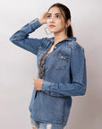 American Darling Leather Hand Tooled Carved Women Denim Shirt Jacket