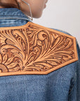 American Darling Leather Hand Tooled Carved Women Denim Shirt Jacket