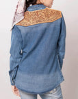 American Darling Leather Hand Tooled Carved Women Denim Shirt Jacket