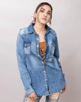 American Darling Leather Hand Tooled Carved Women Denim Shirt Jacket