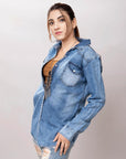 American Darling Leather Hand Tooled Carved Women Denim Shirt Jacket