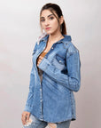 American Darling Leather Hand Tooled Carved Women Denim Shirt Jacket