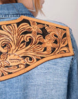 American Darling Leather Hand Tooled Carved Women Denim Shirt Jacket