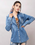 American Darling Leather Hand Tooled Carved Women Denim Shirt Jacket