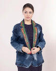 ADBZ017 Genuine leather Hand tooled hand carved Women 100% cotton Denim Blazer dress jacket ladies Girl