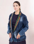 ADBZ017 Genuine leather Hand tooled hand carved Women 100% cotton Denim Blazer dress jacket ladies Girl