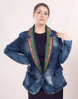 ADBZ017 Genuine leather Hand tooled hand carved Women 100% cotton Denim Blazer dress jacket ladies Girl