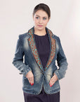 ADBZ018 Genuine leather Hand tooled hand carved Women 100% cotton Denim Blazer dress jacket ladies Girl