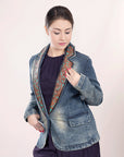 ADBZ018 Genuine leather Hand tooled hand carved Women 100% cotton Denim Blazer dress jacket ladies Girl