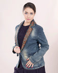 ADBZ018 Genuine leather Hand tooled hand carved Women 100% cotton Denim Blazer dress jacket ladies Girl