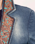 ADBZ018 Genuine leather Hand tooled hand carved Women 100% cotton Denim Blazer dress jacket ladies Girl