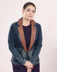 ADBZ019 Genuine leather Hand tooled hand carved Women 100% cotton Denim Blazer dress jacket ladies Girl