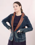 ADBZ019 Genuine leather Hand tooled hand carved Women 100% cotton Denim Blazer dress jacket ladies Girl