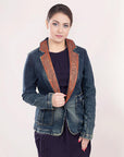 ADBZ019 Genuine leather Hand tooled hand carved Women 100% cotton Denim Blazer dress jacket ladies Girl