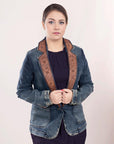 ADBZ020 Genuine leather Hand tooled hand carved Women 100% cotton Denim Blazer dress jacket ladies Girl