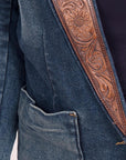 ADBZ020 Genuine leather Hand tooled hand carved Women 100% cotton Denim Blazer dress jacket ladies Girl
