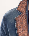 ADBZ020 Genuine leather Hand tooled hand carved Women 100% cotton Denim Blazer dress jacket ladies Girl