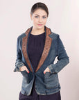 ADBZ020 Genuine leather Hand tooled hand carved Women 100% cotton Denim Blazer dress jacket ladies Girl