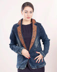 ADBZ021 Genuine leather Hand tooled hand carved Women 100% cotton Denim Blazer dress jacket ladies Girl